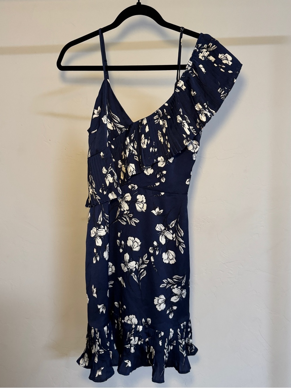 Lucy Paris Navy and White One-Shoulder Floral Ruffle Dress
